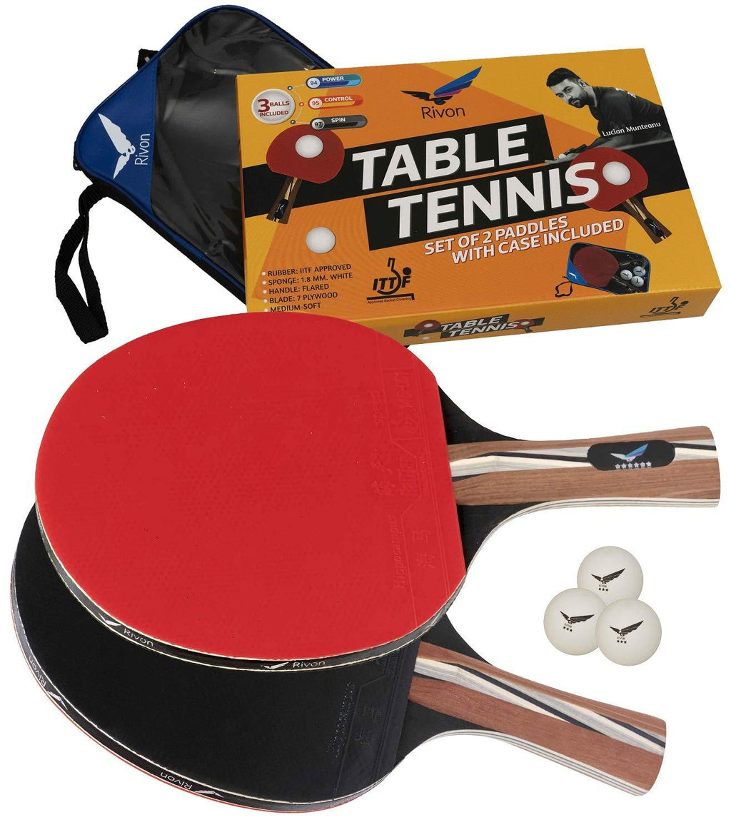 [AUSTRALIA] - Rivon Ping Pong Paddles and Balls - Table Tennis Paddle/Racket Set with 2 Rackets, 3 Balls and Travel Case - ITTF Approved or Semi-Pro Rubber - Endorsed by Celebrity Player ITTF Approved Rubber 