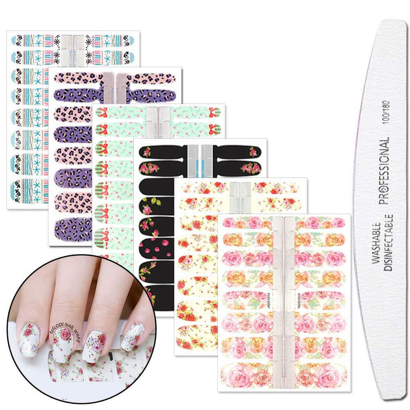 WOKOTO 6 Pieces Flower Adhesive Nail Art Polish Stickers Tips With 1Pc Nail File Fish Nail Wraps Decal Strips Manicure Kit For Women - BeesActive Australia