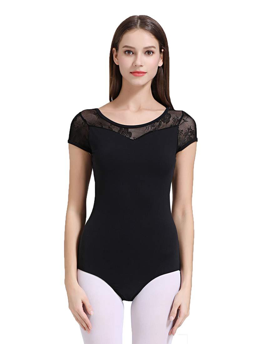 [AUSTRALIA] - ModLatBal Women and Girls Short Sleeve Leotards for Ballet Dance Gymnastics Bodysuit Black Lace Small 