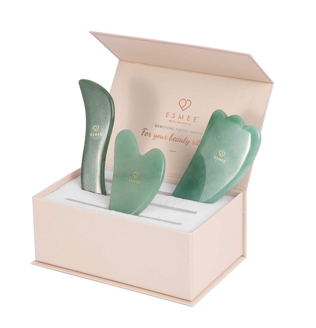 Jade Gua Sha Facial Tool Set by Esmee 3 in 1 Premium Guasha Kit Real Indian Jade Anti-aging Beauty Therapy for Massage and Skin Rejuvenation - BeesActive Australia