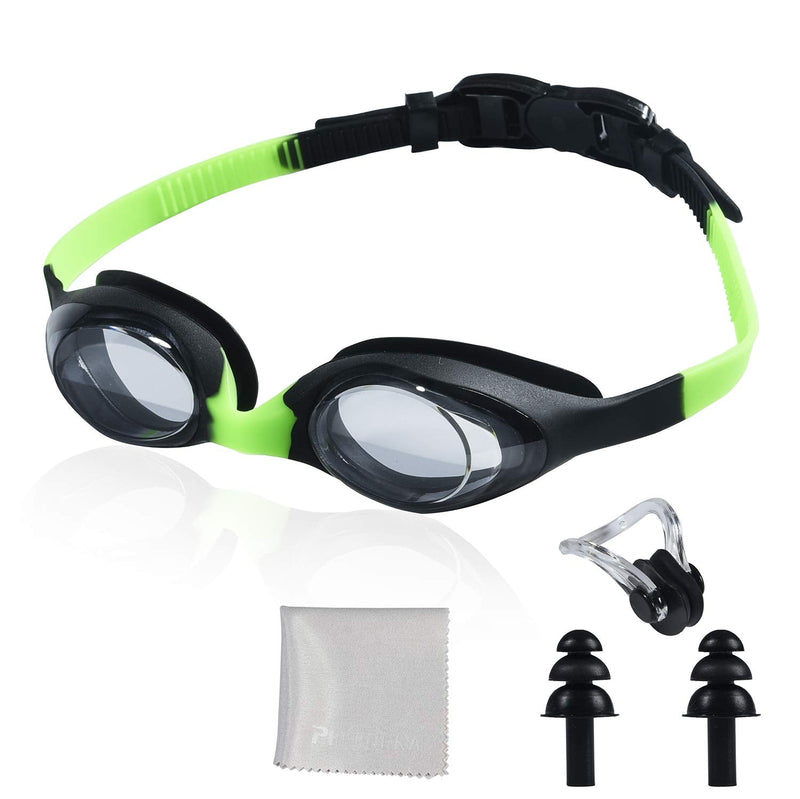 PHELRENA Kids Swim Goggles with Earplugs Nose Clip, Kid swimming goggles with Anti-UV, Anti-fog Lenses Black - Green - BeesActive Australia