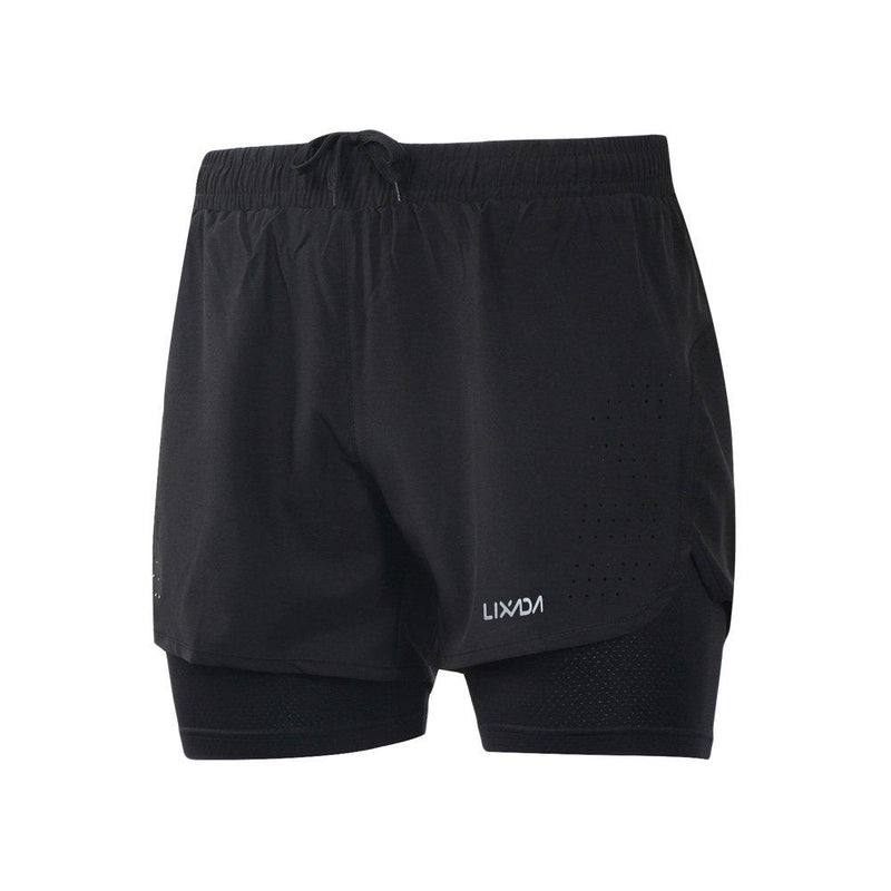 [AUSTRALIA] - Lixada Men's 2-in-1 Running Shorts Quick Drying Breathable Active Training Exercise Jogging Cycling Shorts Black Large 