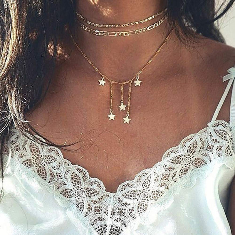DoubleNine Star Pendant Layering Necklaces Tassels Charm 2 Way Choker Gold Sequins Chic Dainty Jewelry Accessories for Bridesmaid Women Girl set of 2 - BeesActive Australia