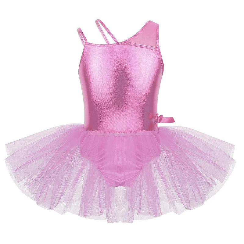 [AUSTRALIA] - dPois Kids Girls' Shiny Metallic One Shoulder Ballet Dance Leotard Tutu Dress Stage Performance Dancing Costumes Pink 10 