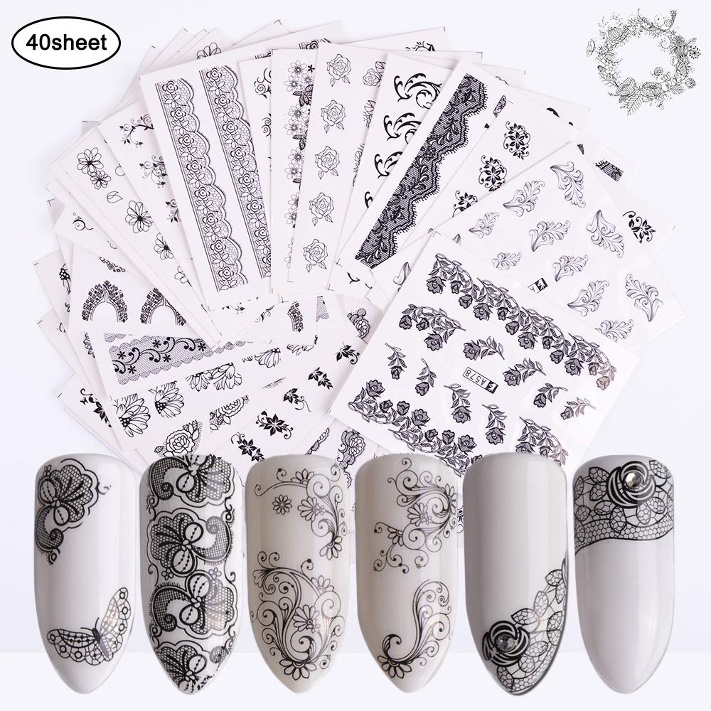 Nail Stickers for Women Water Slider Nail Art Decals 40 Sheets Self-adhesive DIY Black Lace Flower Butterfly Nail Stickers for Fingernail Decor Manicure Decorations for Toenail Tips Beauty Accessory - BeesActive Australia