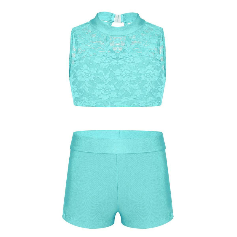 [AUSTRALIA] - Freebily 2PCS Girls Tankini Dance Dress Outfit Floral Lace Crop Top with Booty Shorts Sports Gymnastic Ballet Costume Mint_green 10 