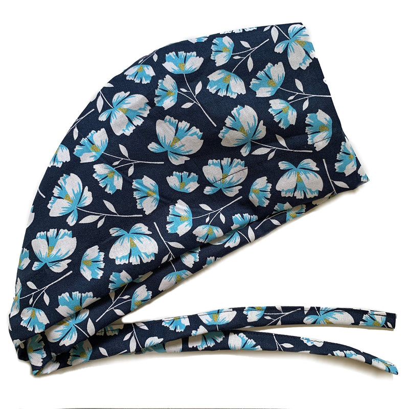 Grace N May Scrub Cap Surgical Women - Front Fold Tie Back - Blue Flowers - BeesActive Australia