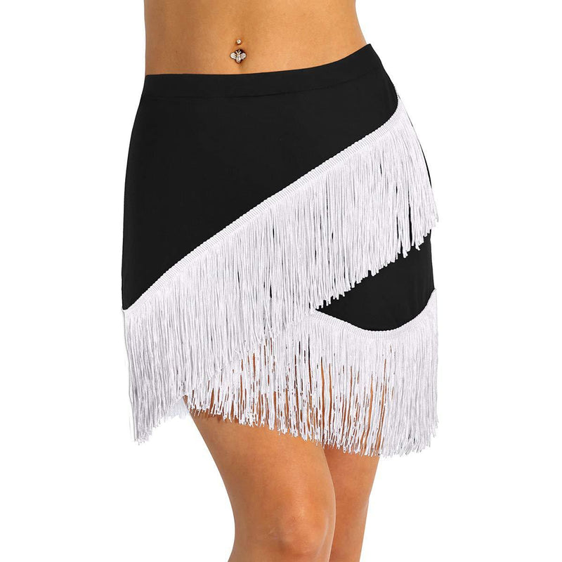 [AUSTRALIA] - dPois Womens Adult Belly Dance Fringe Tassel Skorts Mini Skirts Ballroom Samba Tango Dance Dress Dancewear Costume Black&white X-Large 
