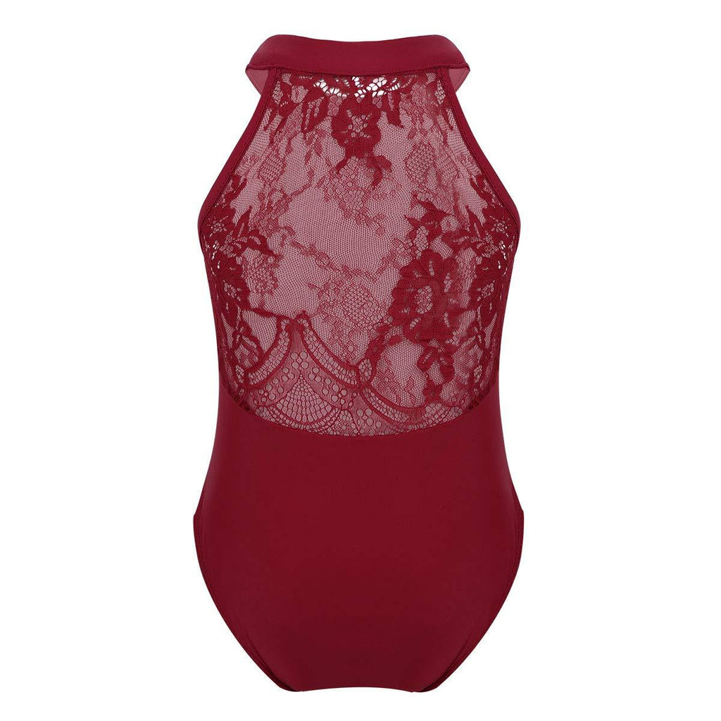 [AUSTRALIA] - iEFiEL Kids Girl's Cotton Ruffle Short Sleeve Leotard for Dance Gymnastics Ballet (Toddler/Little Girl/Big Girl) Burgundy Lace Back 7 / 8 