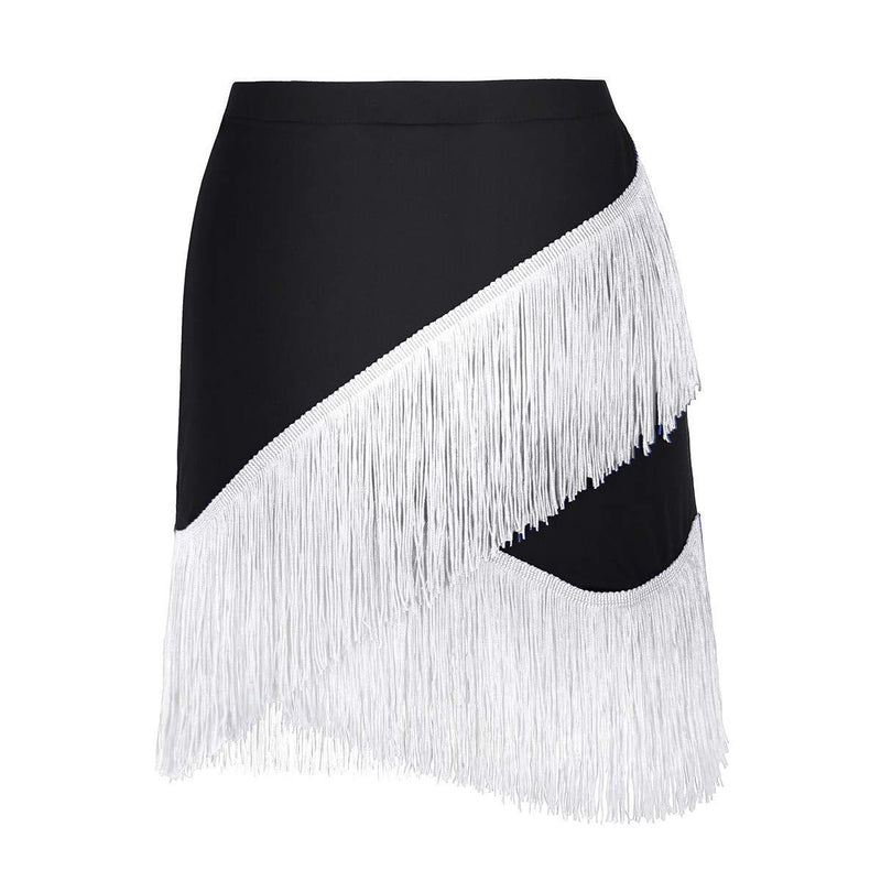 [AUSTRALIA] - iiniim Women Ladies Fringe Flowing Tassels Latin Skirt Tango Rumba Dancewear Exercise Skirts Black&white Small 