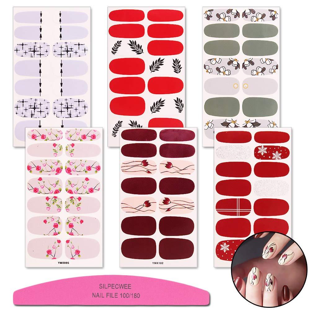 SILPECWEE 6 Pieces Adhesive Nail Polish Stickers Strips And 1Pc Nail File Flower Nail Wraps Decals Manicure Kit For Women - BeesActive Australia