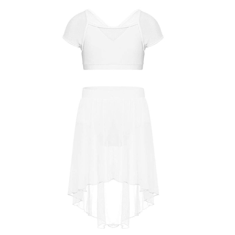 [AUSTRALIA] - YiZYiF Girl's Child Athletic Lyrical Dancewear Costumes Mesh Bow Back Crop Top with Asymmetrical Skirts White 14 