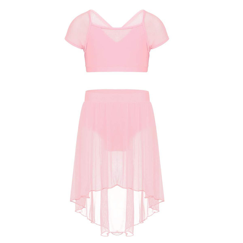 [AUSTRALIA] - MSemis Kids Girls Lyrical Modern Dance Outfit Mesh Crop Top with Asymmetrical Overlay Gymnastics Belly Latin Dancewear Pink 4 