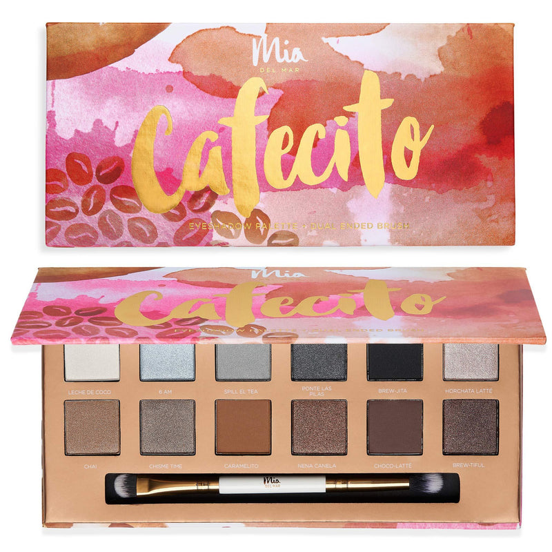 Mia del Mar 'Cafecito' Eyeshadow Palette + Dual Ended Brush - 12 Neutral Tones: Shimmery & Matte Hues. Vegan And Clean Skin Care. Cafecito - BeesActive Australia