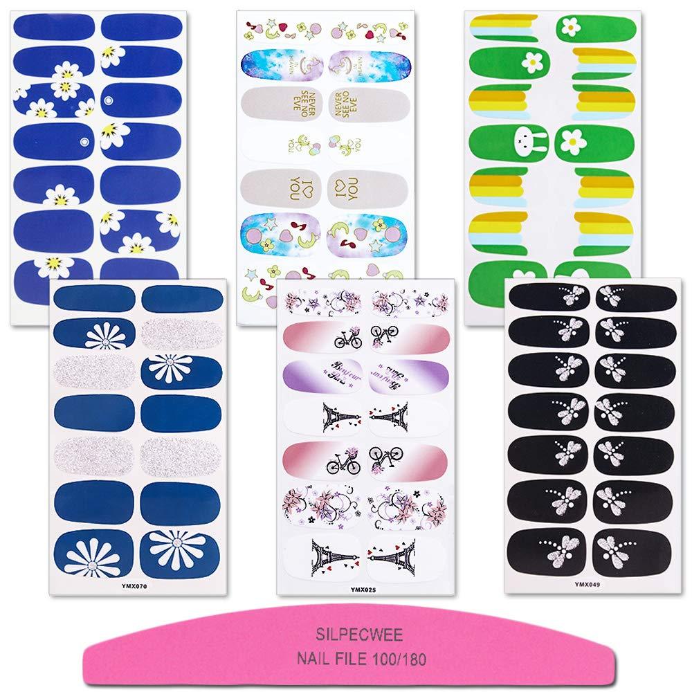 SILPECWEE 6 Sheets Nail Art Polish Stickers Tips Flower Design Adhesive Manicure Wraps Decals Strips Kit And 1Pc Nail File No1 - BeesActive Australia