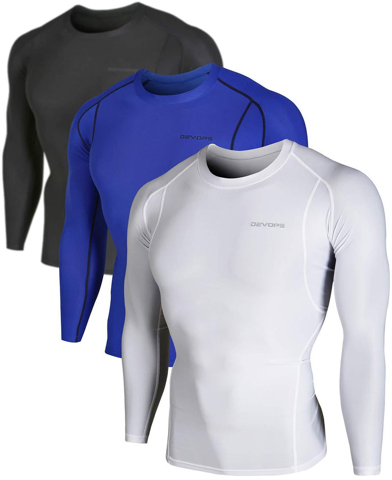 DEVOPS Men's 2~3 Pack Cool Dry Athletic Compression Long Sleeve Baselayer Workout T-Shirts Medium #1. (3 Pack) Black / Blue / White - BeesActive Australia