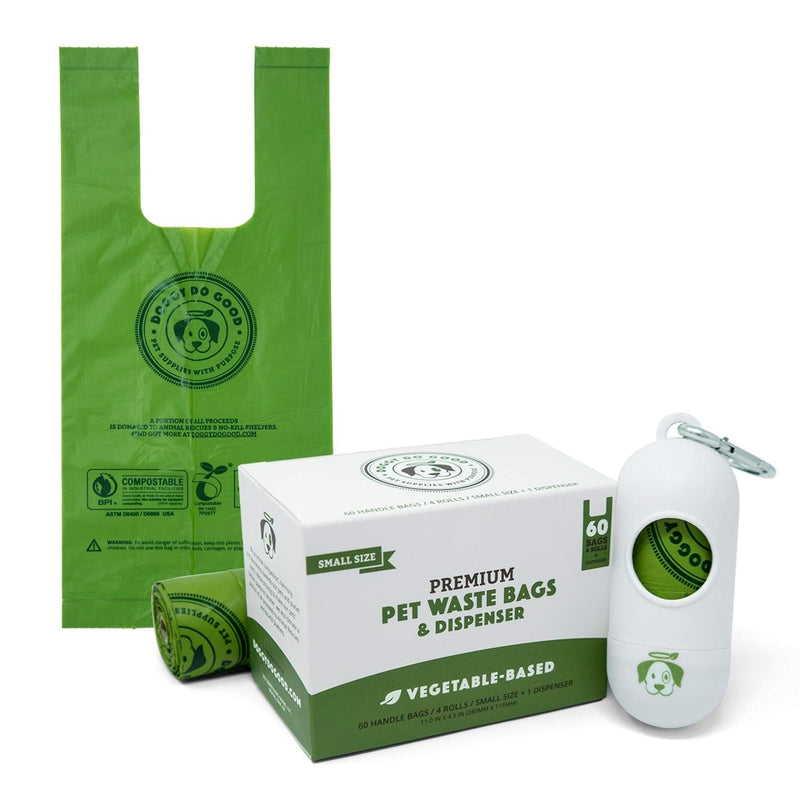 Doggy Do Good Certified Home Compostable Dog Poop Waste Bags with Handles - Unscented, 38% Vegetable Based and Eco-Friendly, Thick and Leak Proof, Small, 60 Count with Dispenser 1 Count (Pack of 60) Small Bags w/ Handles - BeesActive Australia