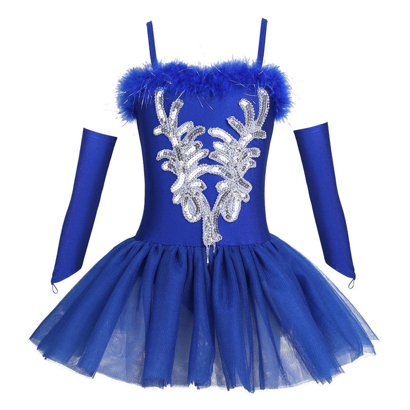 [AUSTRALIA] - winying Girls Ballet Dance Outfit Faux Fur Sequins Swan Tutu Dress with Fingerless Gloves Hair Clip Set Blue 7-8 