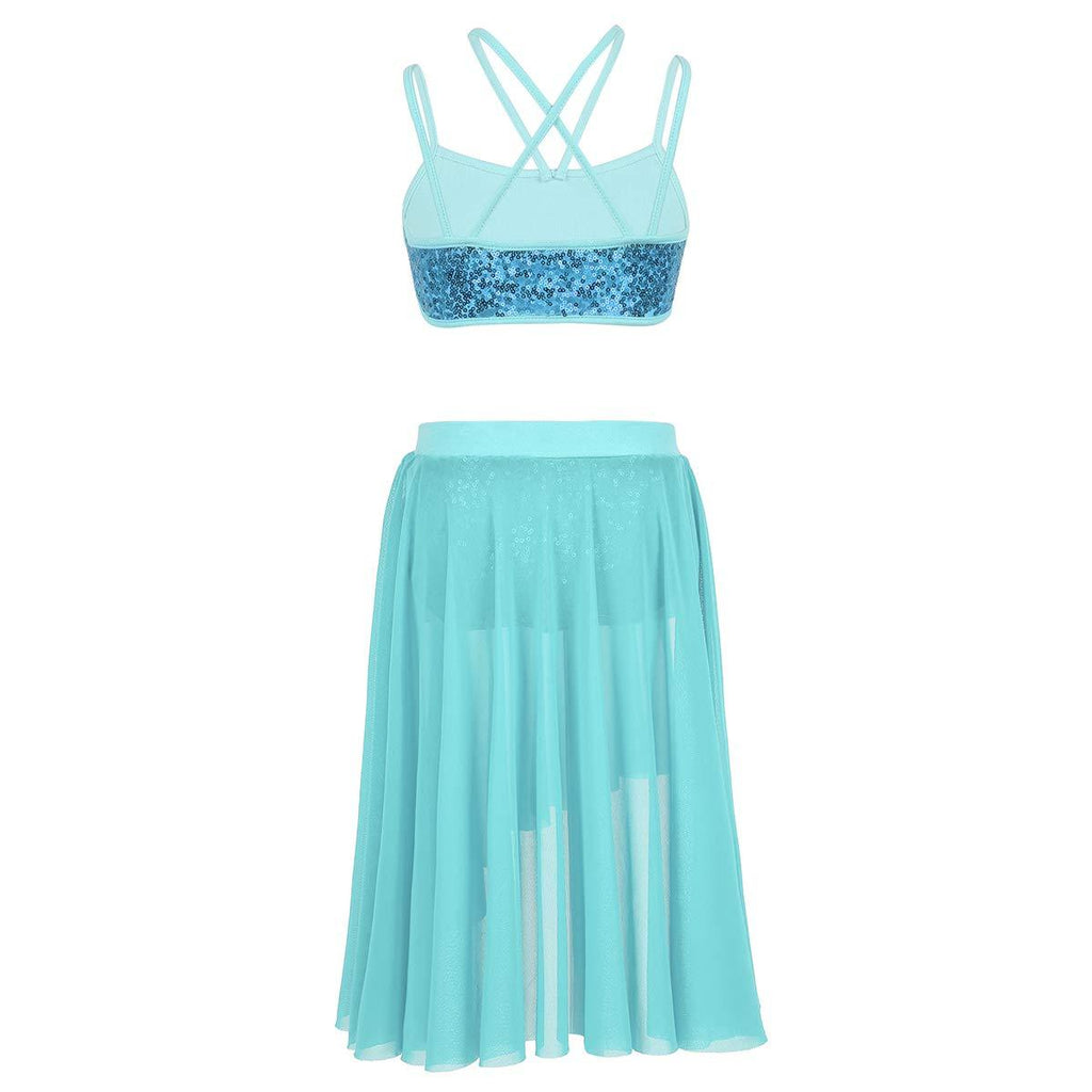 [AUSTRALIA] - winying Girls 2PCS Latin Lyrical Dance Outfit Shiny Sequins Crop Top with Side Split Tulle Skirt Set Lake Blue 10 / 12 