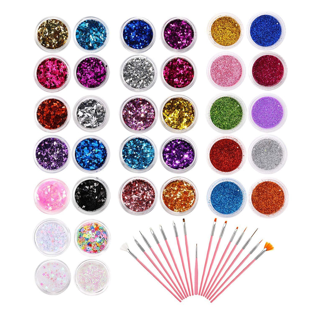 PHOGARY 34 Pots Glitter Set with 15 PCS Nail Art Brushes, Multi-color Power Sequins Iridescent Flakes for Nail Art Decoration, Craft, Makeup, Paints, Slime Supplies - BeesActive Australia