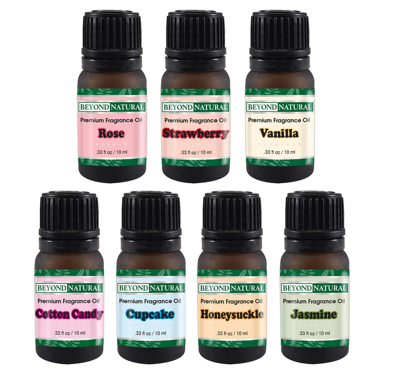 Top Fragrance Oil Set - Best 7 Scented Perfume Oil - Cotton Candy, Frosted Cupcake, Honeysuckle, Jasmine, Rose, Vanilla & Strawberry - Premium Grade - 10 mL by Beyond Naturals - BeesActive Australia