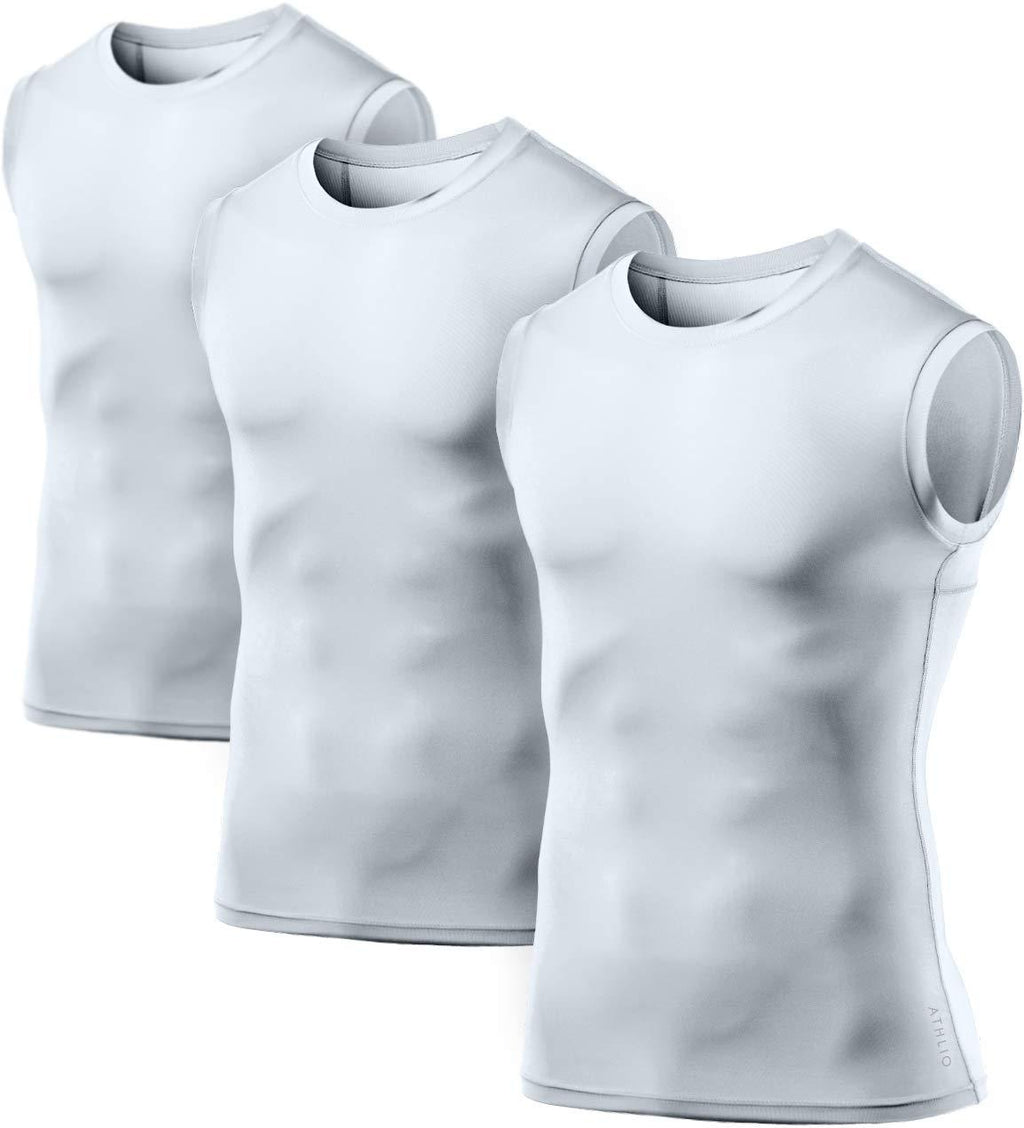 [AUSTRALIA] - ATHLIO 1 or 3 Pack Men's Sleeveless Workout Shirts, Dry Fit Running Compression Cutoff Shirts, Athletic Base Layer Tank Top 3pack(bta03) - White/ White/ White Large 