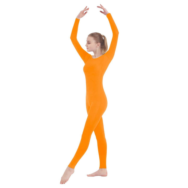 [AUSTRALIA] - SUPRNOWA Unisex Scoop Neck Footed/Footless Long Sleeve/Sleeveless Lycra Spandex Unitard (Medium, Orange (Footless)) 