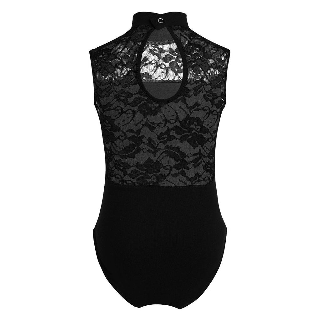 [AUSTRALIA] - winying Girls Turtle Neck Lace Splice Sleeveless Gymnastics Leotard Ballet Dance Jumpsuit Black 11-12 