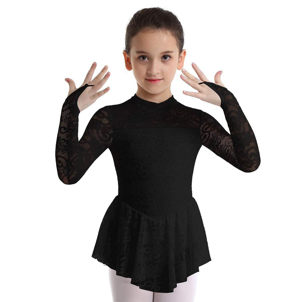 [AUSTRALIA] - winying Girls Mock Neck Floral Lace Long Sleeves Roller Ice Figure Skating Dress Ballet Dance Leotard Black 9-10 