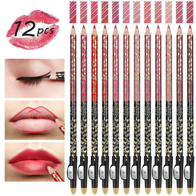 High Pigmented Lip Liner Set - Pack of 12 Creamy and Smooth 2-in-1 Matte Make Up Lip Liners Pencil for Daily/Travel/Party/Work, with Eyeliner Function and Sharpener dual lip liners - BeesActive Australia