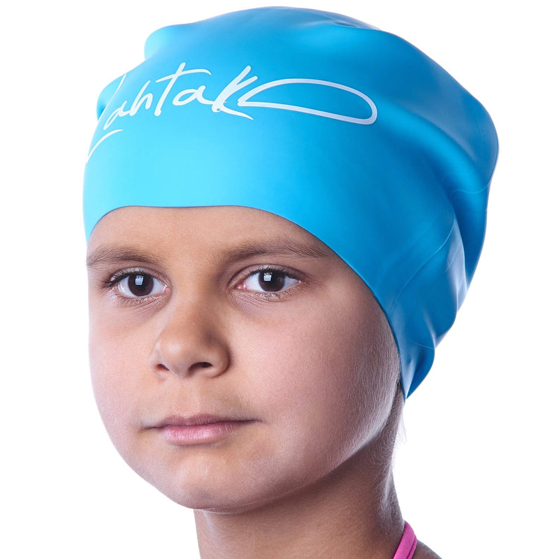Swim Caps for Long Hair Kids - Swimming Cap for Girls Boys Kids Teens with Long Curly Hair Braids Dreadlocks - 100% Silicone Hypoallergenic Waterproof Swim Hat Aqua Blue X-Small - BeesActive Australia