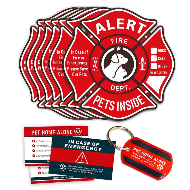 Pet Alert Stickers Static Cling Window Decals Emergency Pets Rescue Sign (6 Pack) with Bonus: Pet Home Alone Wallet Card & Key Tag - NO Adhesive, Removable, UV Resistant - BeesActive Australia