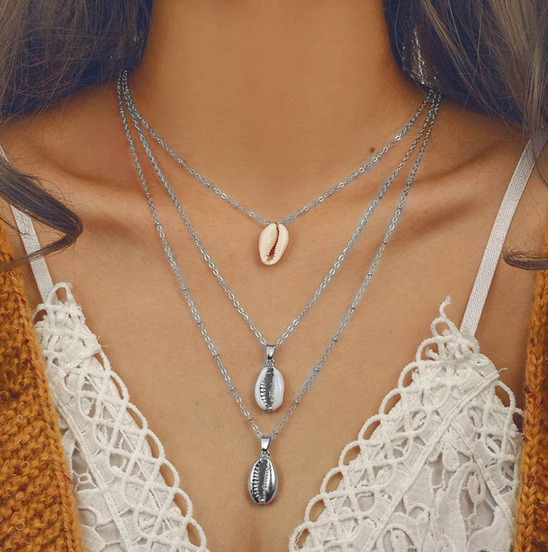 Jovono Silver Boho Shell Pendant Necklace Fashion Multilayered Necklace Jewelry Chain for Women and Girls - BeesActive Australia