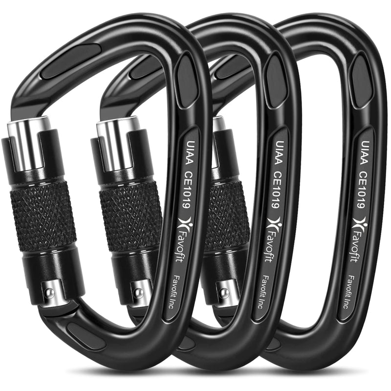 Favofit UIAA Certified Climbing Carabiners, 3 Pack, 25KN (5620 lbs) Heavy Duty Large Locking Carabiner Clips for Rock/Ice Climbing Rappelling Rescue Swing etc, Black - BeesActive Australia