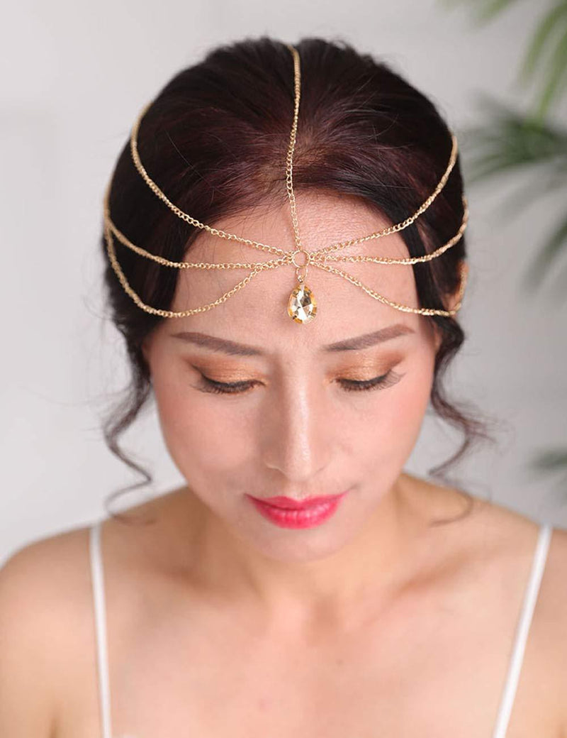 Denifery Bridal Boho Gold Rhinestone Head Chain Bridal Headpiece Bohemian Wedding Hair Accessories - BeesActive Australia