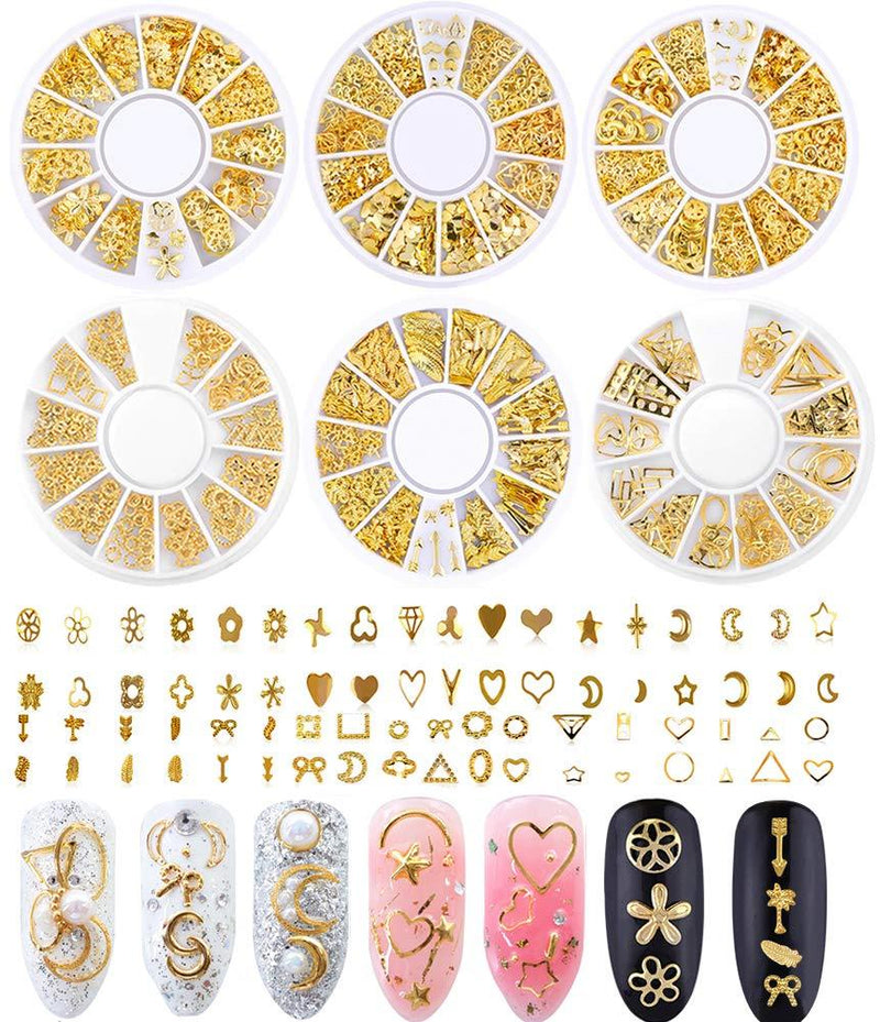 Nail Studs for Women 3D Nail Art Charms Accessories 6 Boxes Gold Metal Punk Star Moon Heart Triangle Square Rivet Gems Nail Art Jewels Decal for Girls Fingernails & Toenails Decorations Tips Manicure - BeesActive Australia