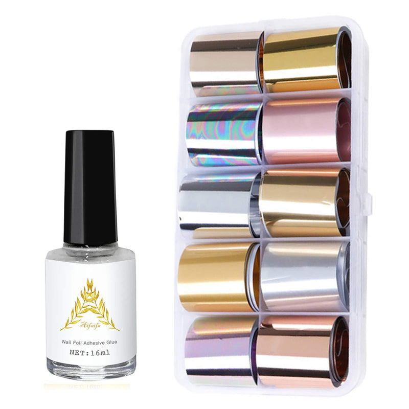 AIFAIFA Metallic Nail Foils Transfer with Nail Glue, 10 Color Metallic Transfer Nail Foils Sticker, Gold, Silver, Rose Gold - BeesActive Australia