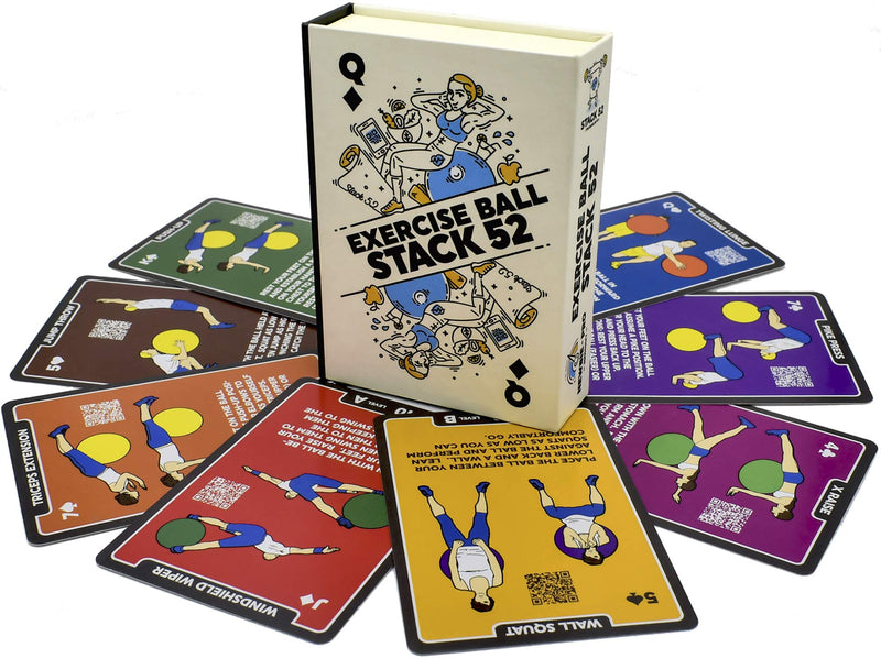 Stack 52 Exercise Ball Fitness Cards. Swiss Ball Workout Playing Card Game. Video Instructions Included. Bodyweight Training Program for Balance and Stability Balls. 2019 Updated Deck - BeesActive Australia