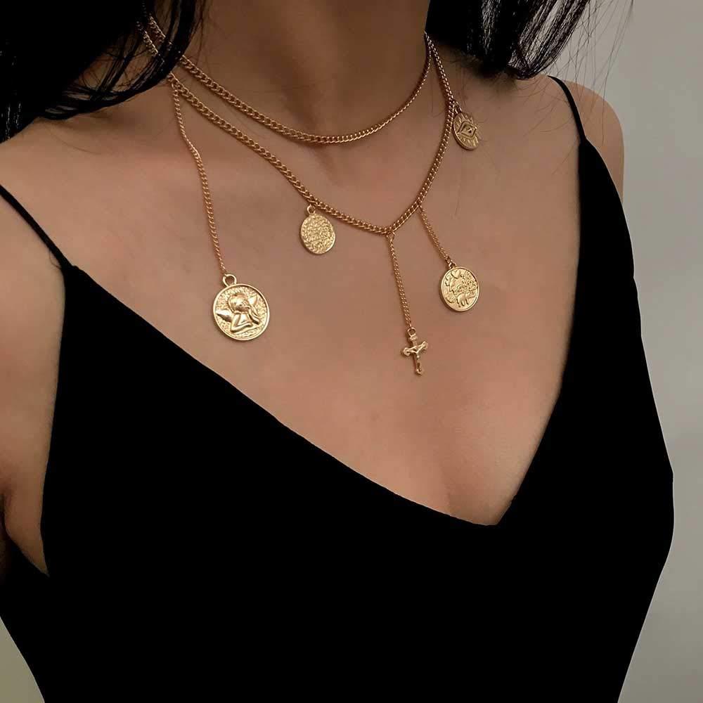 Jovono Multilayered Necklaces Cross Coin Pendant Necklace Chain Jewelry for Women and Girls (Gold) Gold - BeesActive Australia