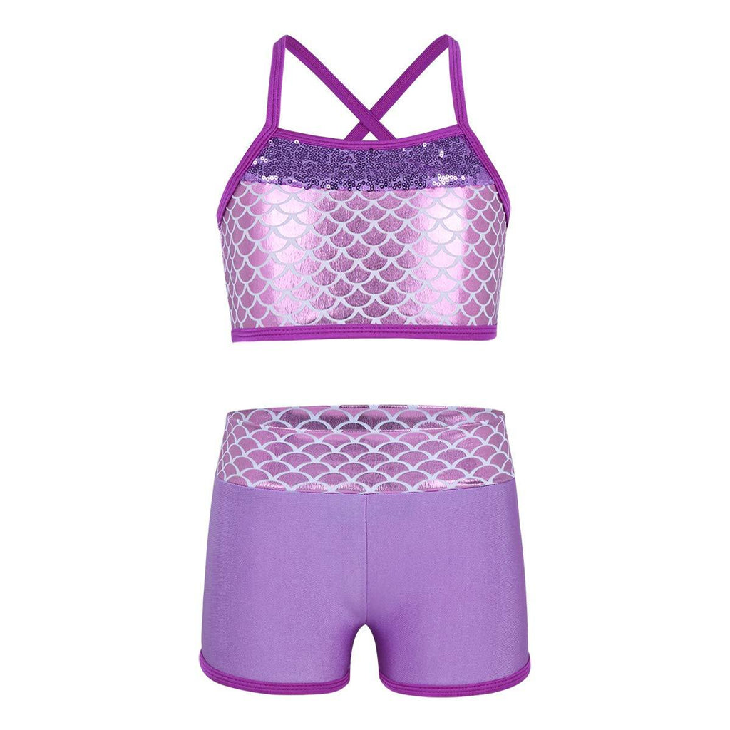 [AUSTRALIA] - Yeahdor Girls' Kids 2 Pieces Sequins Mermaid Ballet Dance Outfits Gymnastics Competition Tank Top with Booty Shorts Set Lavender 6 