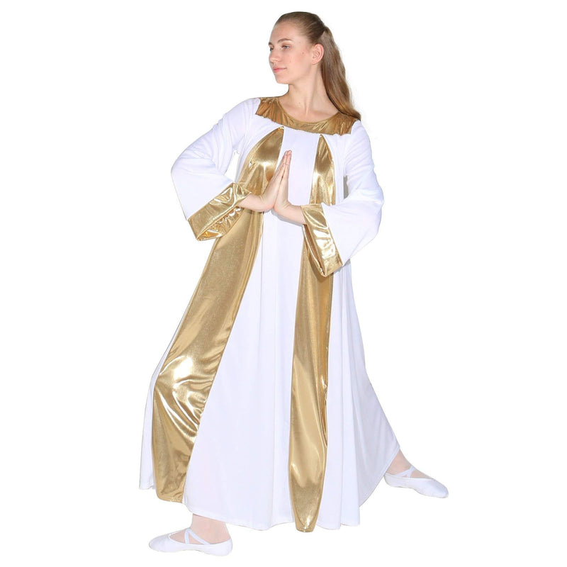 [AUSTRALIA] - Danzcue Praise Symmetrical Long Sleeve Dress, White-Gold, S-M-Adult 