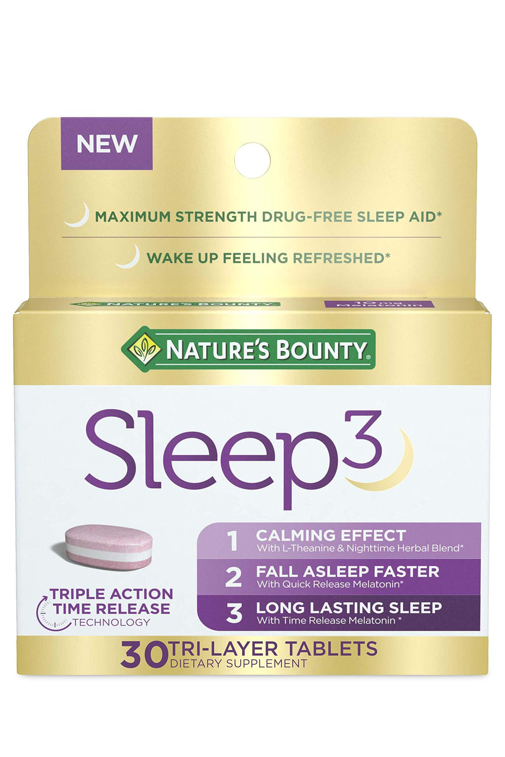 Melatonin by Nature's Bounty, Sleep3 Maximum Strength 100% Drug Free Sleep Aid, Dietary Supplement, L-Theanine & Nighttime Herbal Blend Time Release Technology, 10mg, 30 Tri-Layered Tablets 30 Count (Pack of 1) - BeesActive Australia