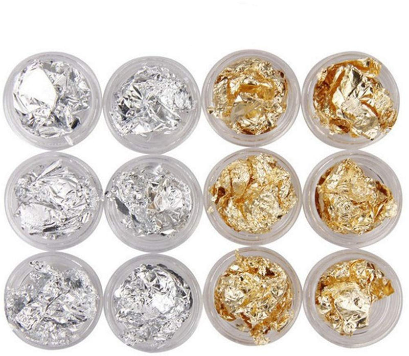 YesLady Gold Silver Nail Art Foil Aluminum Sticker 3d Glitter Flake Decoration 12 Pots - BeesActive Australia