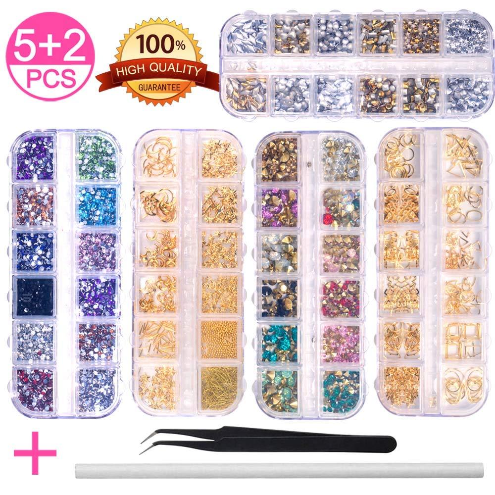 5 Boxes Nail Art Rhinestones Gold Silver Metal Nail Art Studs Rivets Nail Crystal Gems, Colorful Nail Art Rhinestones Nail Diamonds Kit with Tweezers and Wax Pen for Nail Art Supplies Accessories - BeesActive Australia