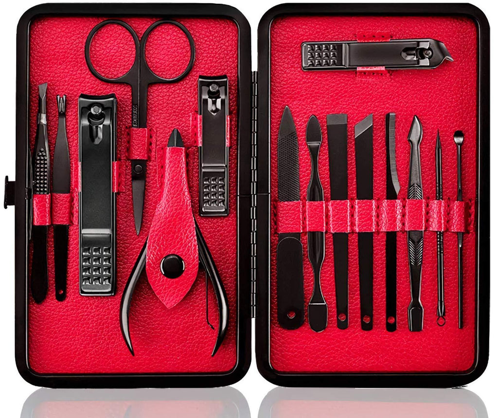 Fingernail scissors set high precision stainless steel professional nail clippers travel beauty set nail tools Pedicure Set 15 pieces, portable fashion box (black/red) zgyad - BeesActive Australia