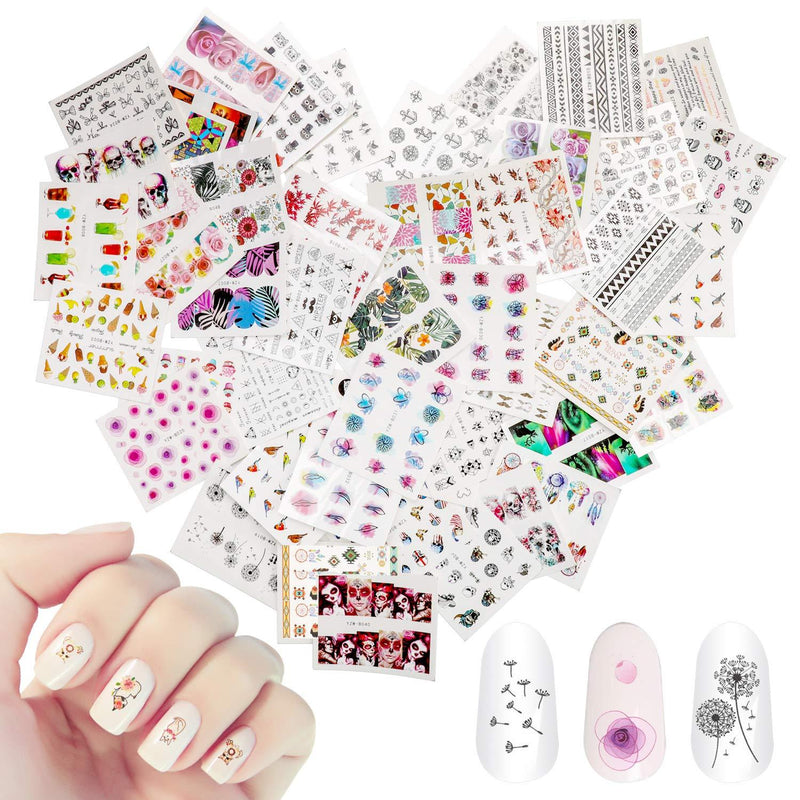 48 Sheets Mixed Nail Art Stickers, AKWOX Nail Art Water Transfer Sticker Home Manicure Decals with Flowers Feather Animal Cat for Women Toenails and Fingernails Decor DIY Nail Tips - BeesActive Australia