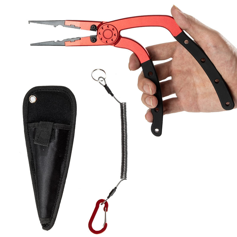 Night Cat Fishing Pliers with Sheath and Lanyard, Long Nose Jaws Braid line Cutters, Saltwater Crimper,Split Ring Openers,Hook Removers, Fishing Tools Gears Rustproof 9'' H-Shaped Handle Plier RED - BeesActive Australia