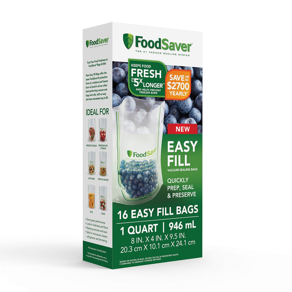[AUSTRALIA] - FoodSaver Easy Fill 1-Quart Vacuum Sealer Bags | Commercial Grade and Reusable | 16 Count, Clear 1 QUART 
