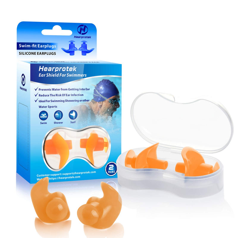 Hearprotek Swimming Ear Plugs, 2 Pairs Waterproof Reusable Silicone Ear Plugs for Swimmers Showering Bathing Surfing and Other Water Sports Adults Size (Orange) Size: Adult (Orange) - BeesActive Australia