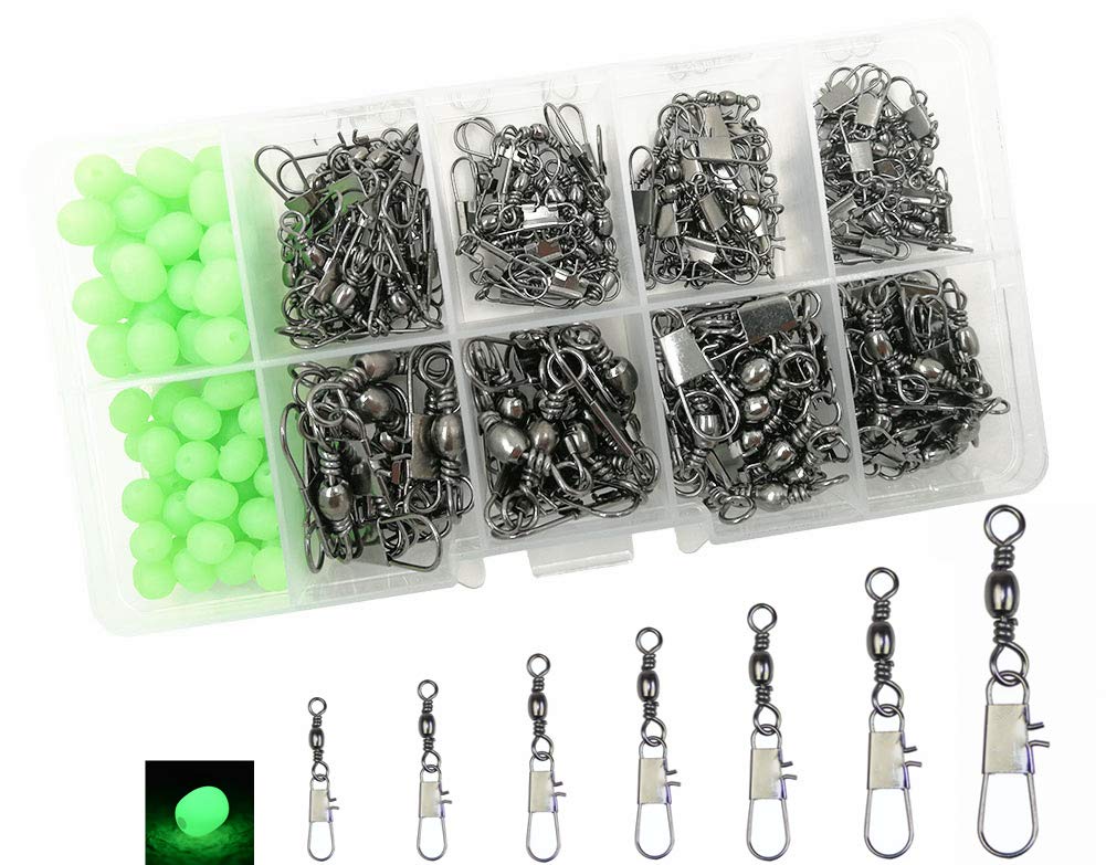 [AUSTRALIA] - 200-Pcs 7 Sizes Fishing Barrel Swivel with Safty Snap Fishing Lure Line Connector Solid Rings and Luminous Beads for Freshwater Saltwater Bass Fishing Tackle Accessories,Sizes 3/6/8/10/12/14/16# 